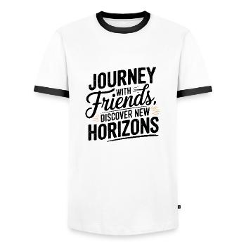 Journey with Friends adevnture travel quote text - Men's Ringer Shirt - white/black - Front - AI Model Female 172 light (172cm) & AI Model Male 178 dark (178cm)