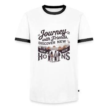 Journey with Friends adevnture texte de la citation de voyage - T-shirt contrasté Homme - blanc/noir - Devant - AI Model Female 172 light (172cm) & AI Model Male 178 dark (178cm)