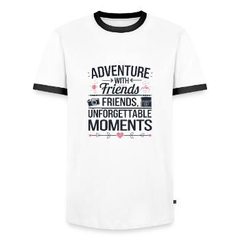 Adventure with Friends travel quote text art - Men's Ringer Shirt - white/black - Front - AI Model Female 172 light (172cm) & AI Model Male 178 dark (178cm)