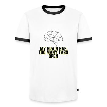 My Brain Has Too Many Tabs Open - Funny Quote - Men's Ringer Shirt - white/black - Front - AI Model Female 172 light (172cm) & AI Model Male 178 dark (178cm)