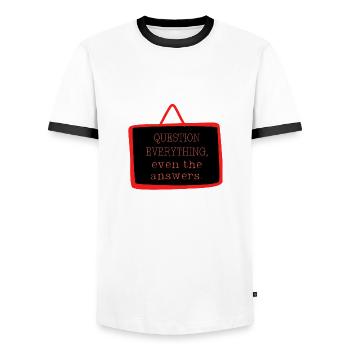 Bold "Question Everything" Philosophy Design - Men's Ringer Shirt - white/black - Front - AI Model Female 172 light (172cm) & AI Model Male 178 dark (178cm)