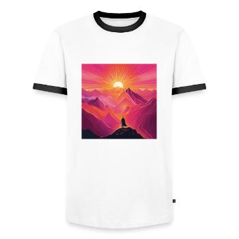 Adventurer at Sunset Mountain Peaks - Men's Ringer Shirt - white/black - Front - AI Model Female 172 light (172cm) & AI Model Male 178 dark (178cm)