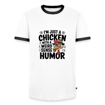Je ne suis qu’un poulet avec un sens de l’humour étrange - T-shirt contrasté Homme - blanc/noir - Devant - AI Model Female 172 light (172cm) & AI Model Male 178 dark (178cm)