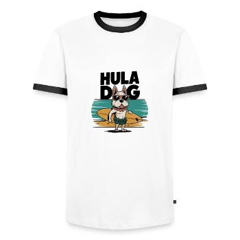 Hula Dog - Design drôle d’été - T-shirt contrasté Homme - blanc/noir - Devant - AI Model Female 172 light (172cm) & AI Model Male 178 dark (178cm)