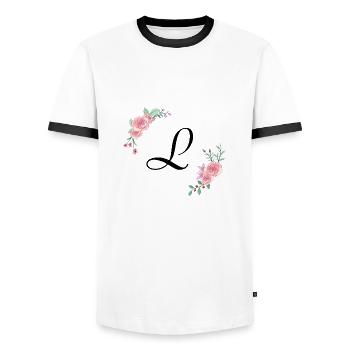 Pink floral letter l - Men's Ringer Shirt - white/black - Front - AI Model Female 172 light (172cm) & AI Model Male 178 dark (178cm)