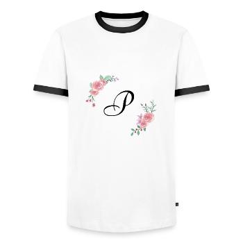 Rosa Blumenbuchstabe p - Männer Kontrast-T-Shirt - Weiß/Schwarz - Vorne - AI Model Female 172 light (172cm) & AI Model Male 178 dark (178cm)