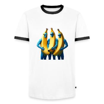 3 blaue Männer im Bananenkostüm - Männer Kontrast-T-Shirt - Weiß/Schwarz - Vorne - AI Model Female 172 light (172cm) & AI Model Male 178 dark (178cm)
