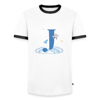Letter j Blue Clouds Airplane Child - Men's Ringer Shirt - white/black - Front - AI Model Female 172 light (172cm) & AI Model Male 178 dark (178cm)