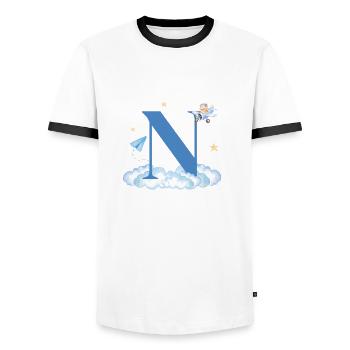 Letter n Blue Clouds Airplane Child - Men's Ringer Shirt - white/black - Front - AI Model Female 172 light (172cm) & AI Model Male 178 dark (178cm)