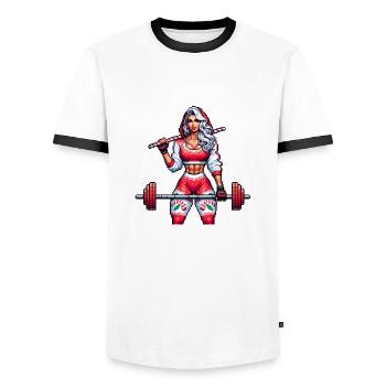 Pixel Power – 16-Bit Fitness Queen - Männer Kontrast-T-Shirt - Weiß/Schwarz - Vorne - AI Model Female 172 light (172cm) & AI Model Male 178 dark (178cm)