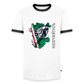 (RU) Le drapeau de la Tchétchénie sur sa propre carte CE - T-shirt contrasté Homme - blanc/noir - Devant - AI Model Female 172 light (172cm) & AI Model Male 178 dark (178cm)