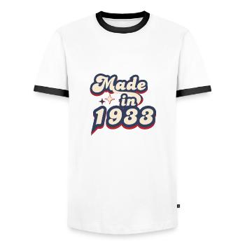 Hergestellt im 1933 Retro - Männer Kontrast-T-Shirt - Weiß/Schwarz - Vorne - AI Model Female 172 light (172cm) & AI Model Male 178 dark (178cm)