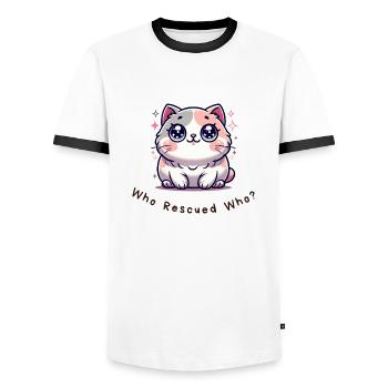 Who Rescued Who? – Lustiges Katzen Shirt - Männer Kontrast-T-Shirt - Weiß/Schwarz - Vorne - AI Model Female 172 light (172cm) & AI Model Male 178 dark (178cm)
