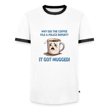Mugged coffee - Mugged coffee - Men's Ringer Shirt - white/black - Front - AI Model Female 172 light (172cm) & AI Model Male 178 dark (178cm)