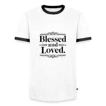 and loved - Men's Ringer Shirt - white/black - Front - AI Model Female 172 light (172cm) & AI Model Male 178 dark (178cm)