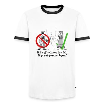 Ich bin kein dummer Tourist, ich rede nur Frysk! - Männer Kontrast-T-Shirt - Weiß/Schwarz - Vorne - AI Model Female 172 light (172cm) & AI Model Male 178 dark (178cm)
