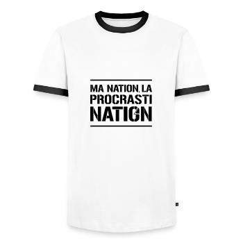 MA NATION ? LA PROCRASTINATION ! (noir) - T-shirt contrasté Homme - blanc/noir - Devant - AI Model Female 172 light (172cm) & AI Model Male 178 dark (178cm)