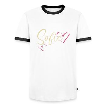 Sofie Surname First name Calligraphy Heart - Men's Ringer Shirt - white/black - Front - AI Model Female 172 light (172cm) & AI Model Male 178 dark (178cm)