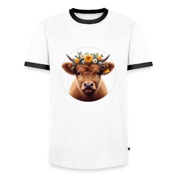 Highlander Calf with Flowers 2 - Men's Ringer Shirt - white/black - Front - AI Model Female 172 light (172cm) & AI Model Male 178 dark (178cm)