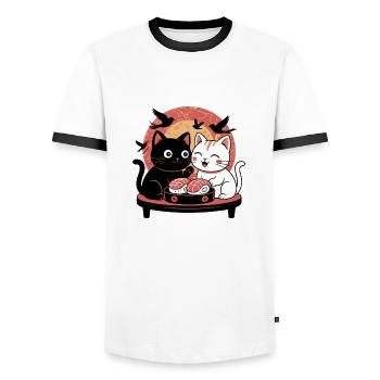 Sushi Katzen bei Sonnenuntergang – Japanischer Sti - Männer Kontrast-T-Shirt - Weiß/Schwarz - Vorne - AI Model Female 172 light (172cm) & AI Model Male 178 dark (178cm)