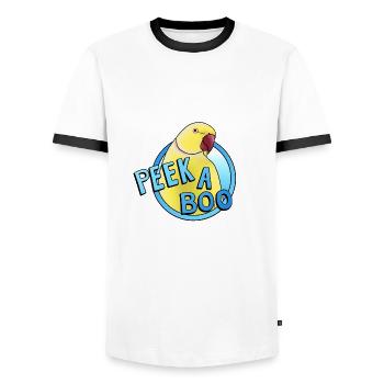 gelber Halsbandsittich „Peek-a-boo“ - Männer Kontrast-T-Shirt - Weiß/Schwarz - Vorne - AI Model Female 172 light (172cm) & AI Model Male 178 dark (178cm)