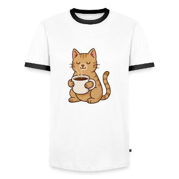 Coffee Cat – Cute cat with coffee cup for tomorrow - Men's Ringer Shirt - white/black - Front - AI Model Female 172 light (172cm) & AI Model Male 178 dark (178cm)