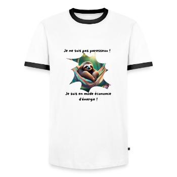 A sloth in a hammock - Men's Ringer Shirt - white/black - Front - AI Model Female 172 light (172cm) & AI Model Male 178 dark (178cm)
