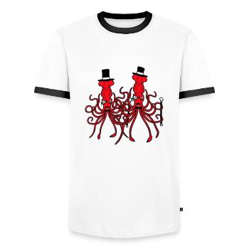 2 Kraken Mr. Sir Hat Monocle Glasses Rich Friends - Men's Ringer Shirt - white/black - Front - AI Model Female 172 light (172cm) & AI Model Male 178 dark (178cm)