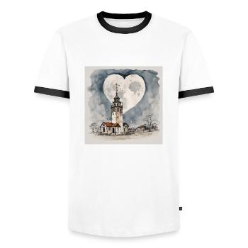Kirche / Leuchtturm im Dorf unter Mond-Herz-Form - Männer Kontrast-T-Shirt - Weiß/Schwarz - Vorne - AI Model Female 172 light (172cm) & AI Model Male 178 dark (178cm)