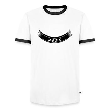2026 Bogen unten | Vectorgraphic - Männer Kontrast-T-Shirt - Weiß/Schwarz - Vorne - AI Model Female 172 light (172cm) & AI Model Male 178 dark (178cm)
