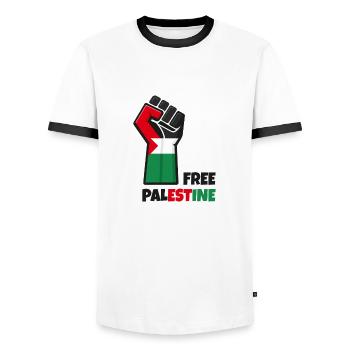 Poing levé avec drapeau palestine. Free Palestine - T-shirt contrasté Homme - blanc/noir - Devant - AI Model Female 172 light (172cm) & AI Model Male 178 dark (178cm)