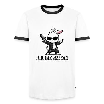 I'll Be Snack Kawaii Bunny Action Movie Fun Parody - Men's Ringer Shirt - white/black - Front - AI Model Female 172 light (172cm) & AI Model Male 178 dark (178cm)