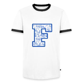 Lettre f chinoiserie bleu - T-shirt contrasté Homme - blanc/noir - Devant - AI Model Female 172 light (172cm) & AI Model Male 178 dark (178cm)