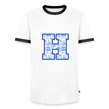 Lettre h chinoiserie bleu - T-shirt contrasté Homme - blanc/noir - Devant - AI Model Female 172 light (172cm) & AI Model Male 178 dark (178cm)