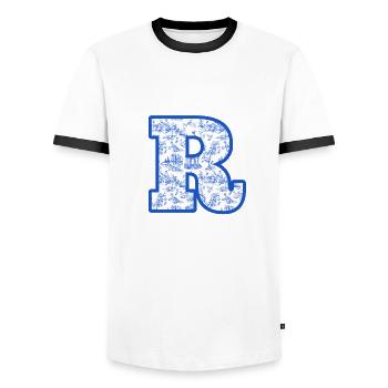 Lettre r chinoiserie bleu - T-shirt contrasté Homme - blanc/noir - Devant - AI Model Female 172 light (172cm) & AI Model Male 178 dark (178cm)