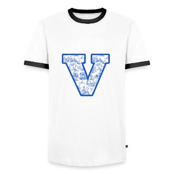 Letter v blue chinoiserie - Men's Ringer Shirt - white/black - Front - AI Model Female 172 light (172cm) & AI Model Male 178 dark (178cm)