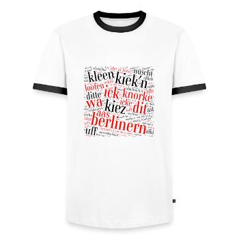 Berliner Schnauze – word cloud with dialect - Men's Ringer Shirt - white/black - Front - AI Model Female 172 light (172cm) & AI Model Male 178 dark (178cm)