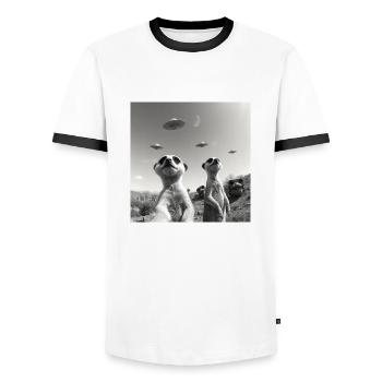 Meerkat posing for a selfie with UFOs funny - Men's Ringer Shirt - white/black - Front - AI Model Female 172 light (172cm) & AI Model Male 178 dark (178cm)