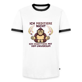 Ich meditiere nicht – Lustiger Gorilla Spruch - Männer Kontrast-T-Shirt - Weiß/Schwarz - Vorne - AI Model Female 172 light (172cm) & AI Model Male 178 dark (178cm)