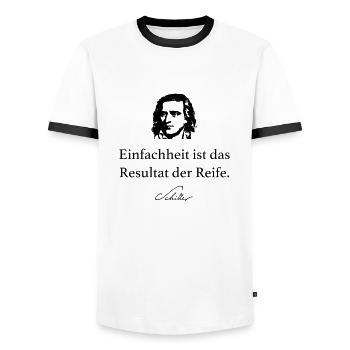 Schiller: Einfachheit ist das Resultat der Reife. - Männer Kontrast-T-Shirt - Weiß/Schwarz - Vorne - AI Model Female 172 light (172cm) & AI Model Male 178 dark (178cm)