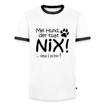 Mei Hund - Männer Kontrast-T-Shirt - Weiß/Schwarz - Vorne - AI Model Female 172 light (172cm) & AI Model Male 178 dark (178cm)