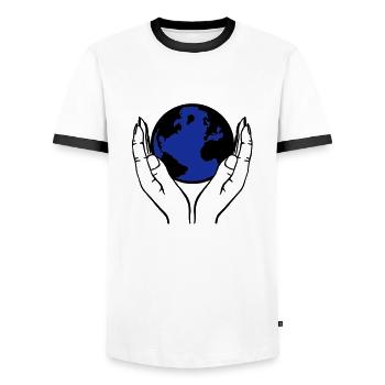 welt in händen - Männer Kontrast-T-Shirt - Weiß/Schwarz - Vorne - AI Model Female 172 light (172cm) & AI Model Male 178 dark (178cm)