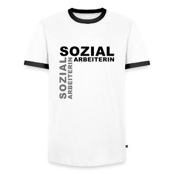 Sozialarbeiterin - V2 - Männer Kontrast-T-Shirt - Weiß/Schwarz - Vorne - AI Model Female 172 light (172cm) & AI Model Male 178 dark (178cm)