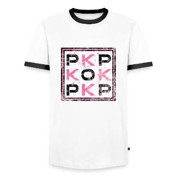 K-POP - Korea Pop - Men's Ringer Shirt - white/black - Front - AI Model Female 172 light (172cm) & AI Model Male 178 dark (178cm)