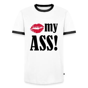 kiss_my_ass_01 - Männer Kontrast-T-Shirt - Weiß/Schwarz - Vorne - AI Model Female 172 light (172cm) & AI Model Male 178 dark (178cm)
