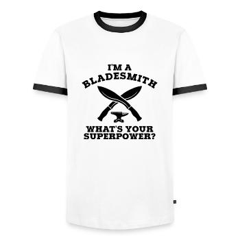 I'M A BLADESMITH WHAT'S YOUR SUPERPOWER B - Men's Ringer Shirt - white/black - Front - AI Model Female 172 light (172cm) & AI Model Male 178 dark (178cm)