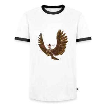 Femme avec un énorme aigle royal - T-shirt contrasté Homme - blanc/noir - Devant - AI Model Female 172 light (172cm) & AI Model Male 178 dark (178cm)
