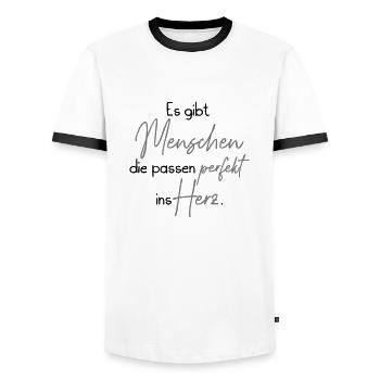 Es gibt Menschen die passen perfekt ins Herz. - Männer Kontrast-T-Shirt - Weiß/Schwarz - Vorne - AI Model Female 172 light (172cm) & AI Model Male 178 dark (178cm)