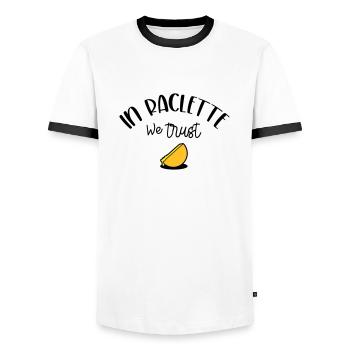 In Raclette We Trust - Men's Ringer Shirt - white/black - Front - AI Model Female 172 light (172cm) & AI Model Male 178 dark (178cm)