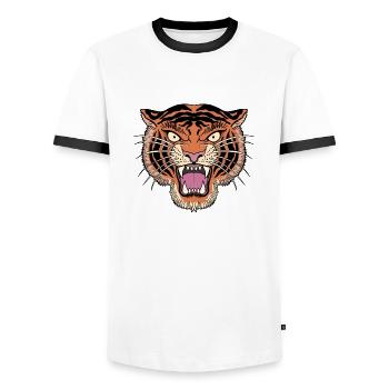 Traditioneller Tattoo Tigerkopf mit offenem - Männer Kontrast-T-Shirt - Weiß/Schwarz - Vorne - AI Model Female 172 light (172cm) & AI Model Male 178 dark (178cm)
